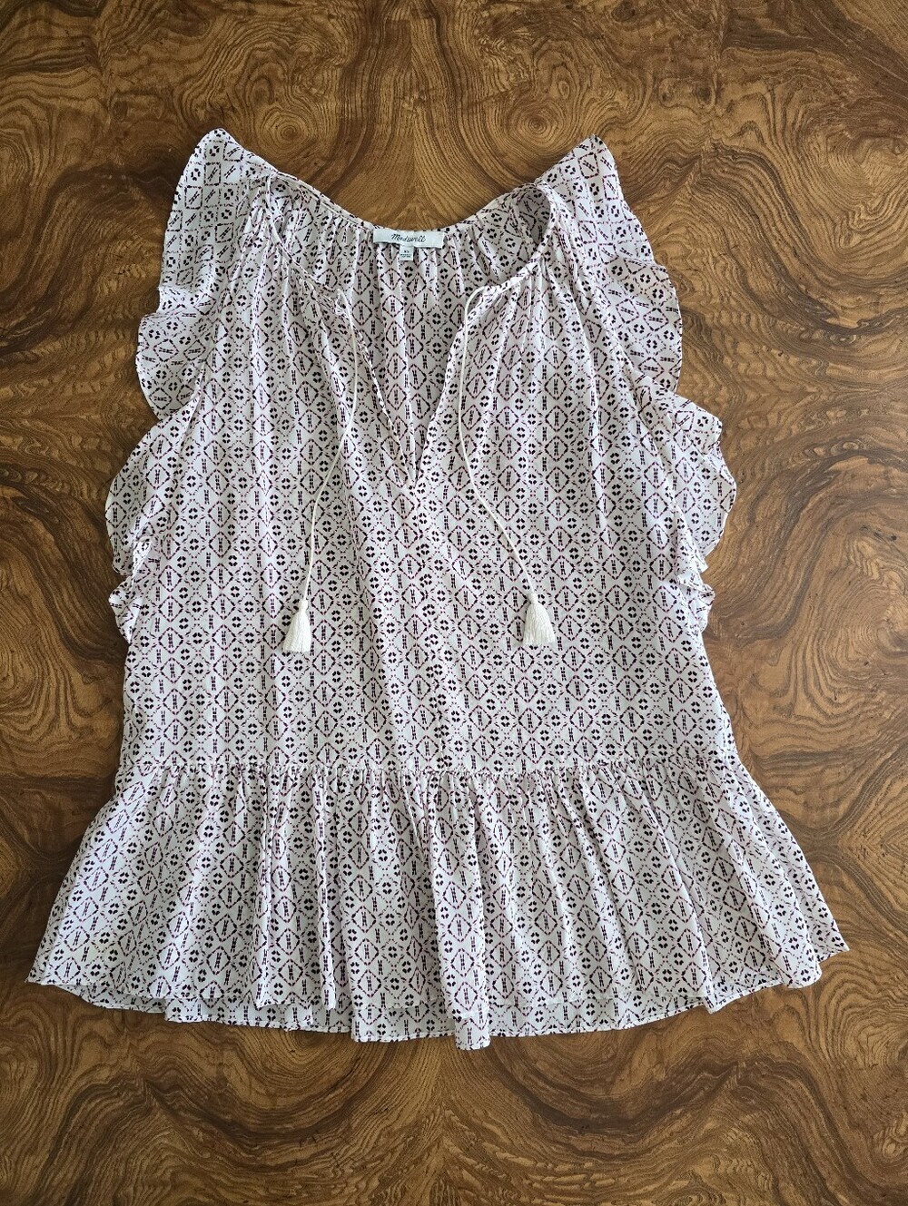 Madewell Lily Ruffle Sleeveless Silk Top in Echo Grid Red and Cream Womens XS